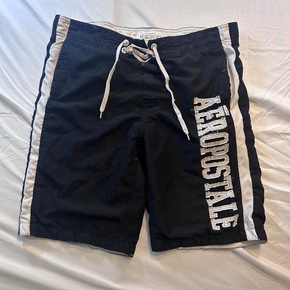 Aeropostale Mens Board Shorts Black White Logo Embroidered Swim Trunks Medium